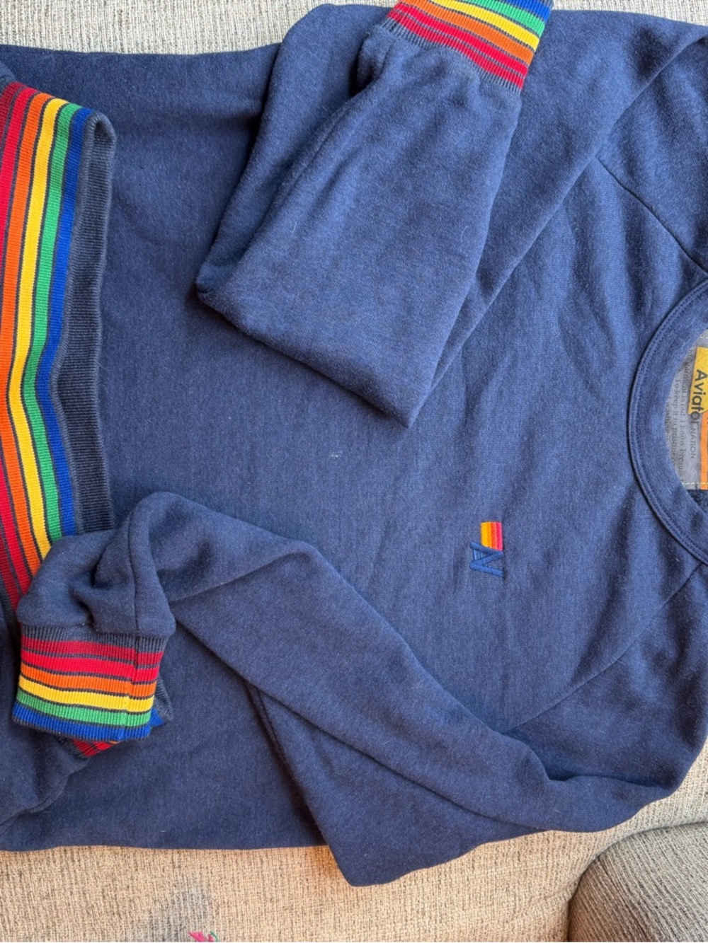 Aviator Nation Navy Crewneck Sweatshirt with Rainbow Trim - Picture 2 of 5